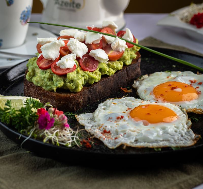 Frühstücksteller mit Avocado-Brot und Spiegeleiern